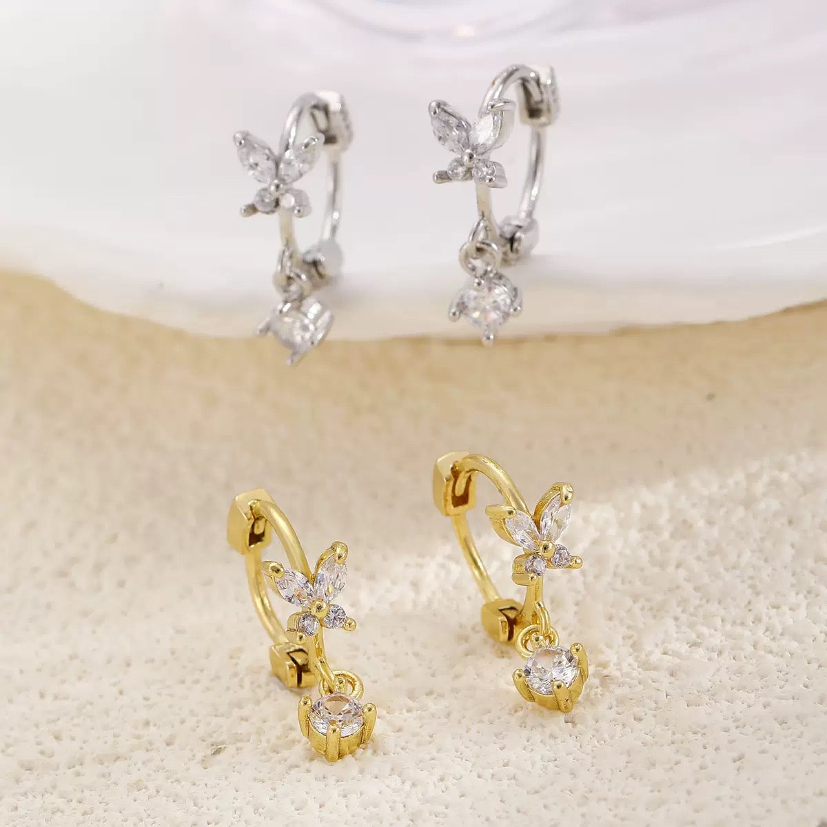 Sterling Silver CZ Butterfly & Crystal Drop Huggie Hoop Earrings