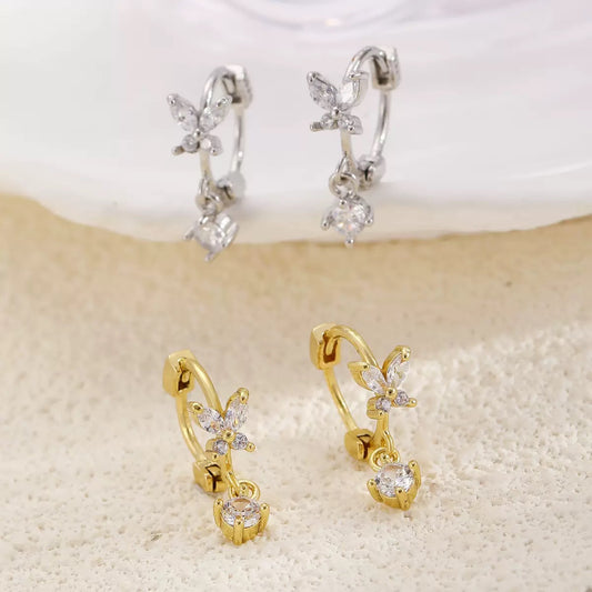 Sterling Silver CZ Butterfly & Crystal Drop Huggie Hoop Earrings