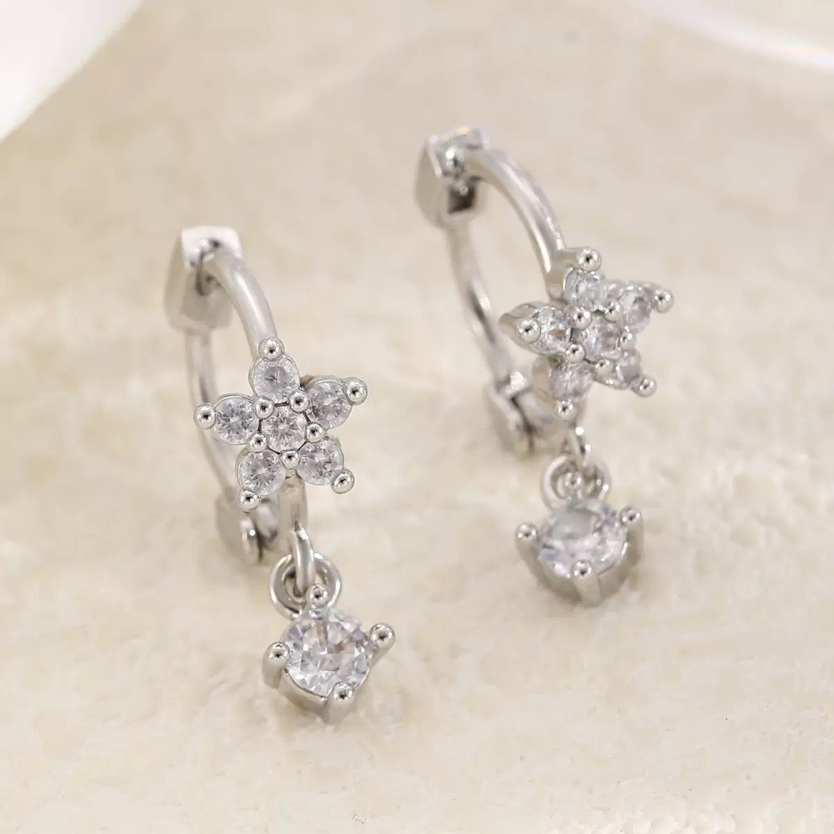 Sterling Silver CZ Flower & Crystal Drop Huggie Hoop Earrings