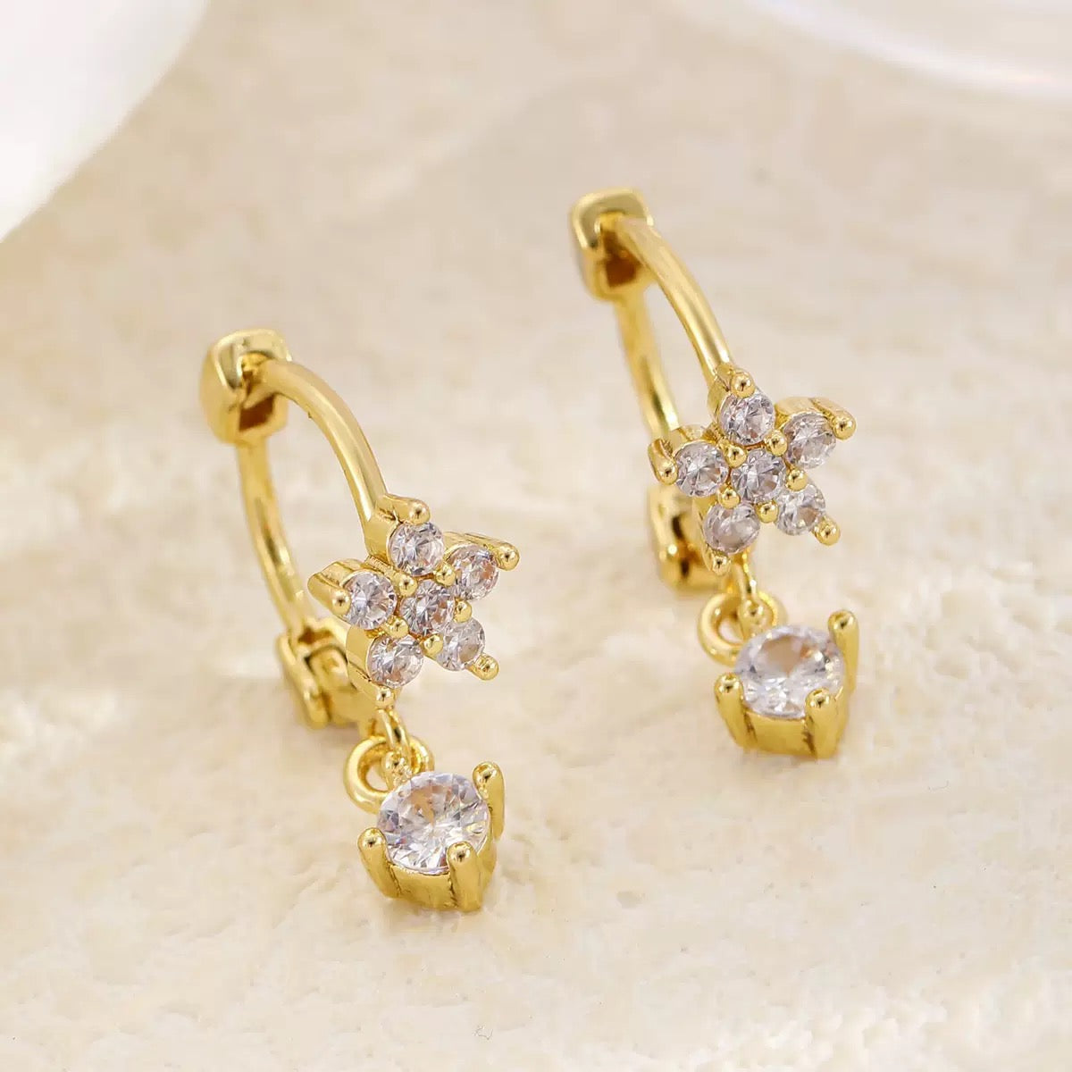 Sterling Silver CZ Flower & Crystal Drop Huggie Hoop Earrings