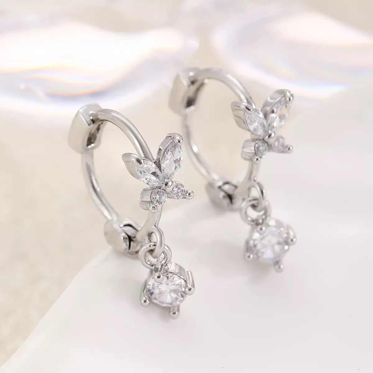 Sterling Silver CZ Butterfly & Crystal Drop Huggie Hoop Earrings