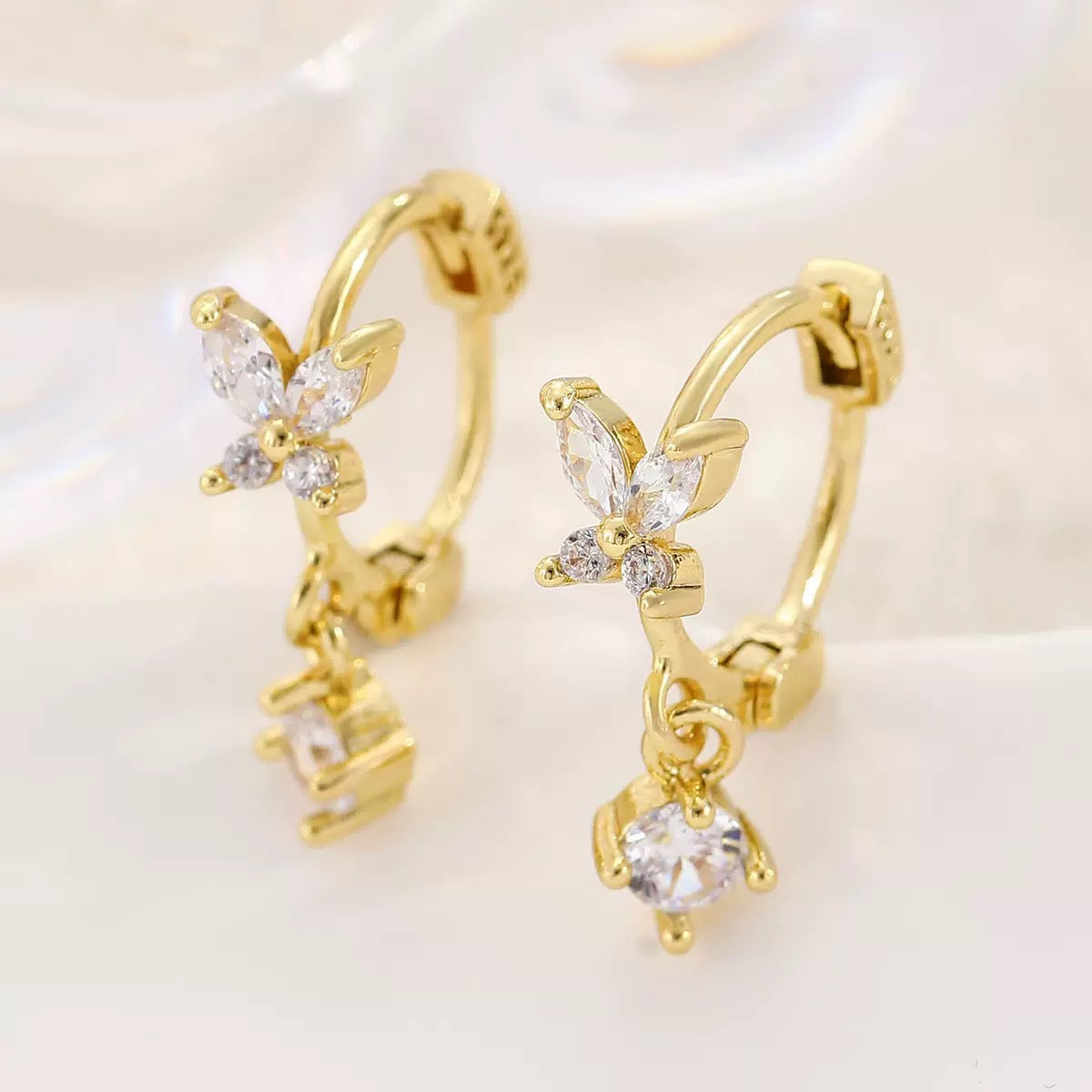 Sterling Silver CZ Butterfly & Crystal Drop Huggie Hoop Earrings
