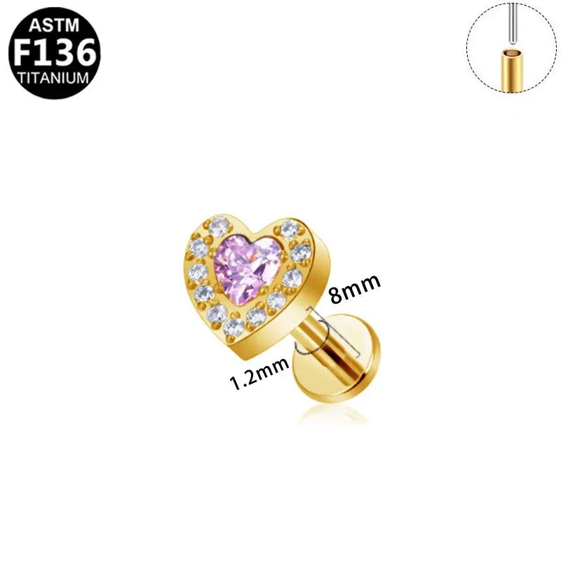 F136 Titanium Pink Heart CZ Flat Back Stud