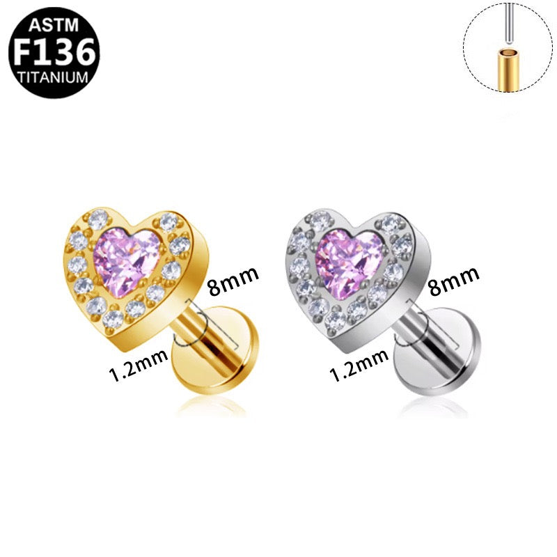 F136 Titanium Pink Heart CZ Flat Back Stud