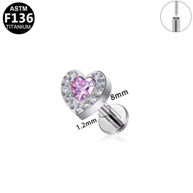 F136 Titanium Pink Heart CZ Flat Back Stud