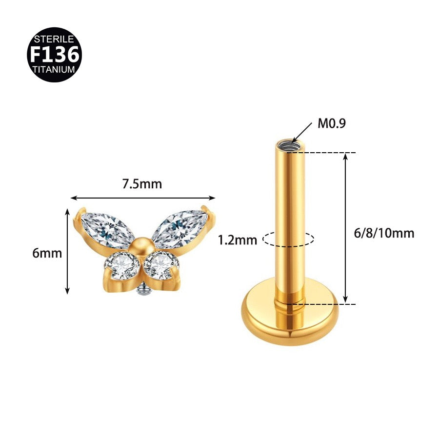 F136 Titanium CZ Butterfly Flat Back Stud