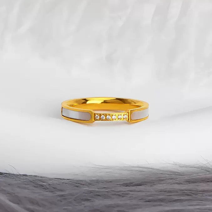Geometric CZ Ring with White Enamel