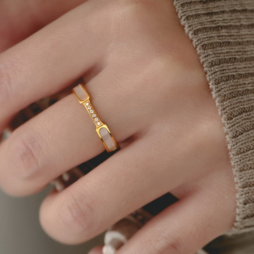 Geometric CZ Ring with White Enamel