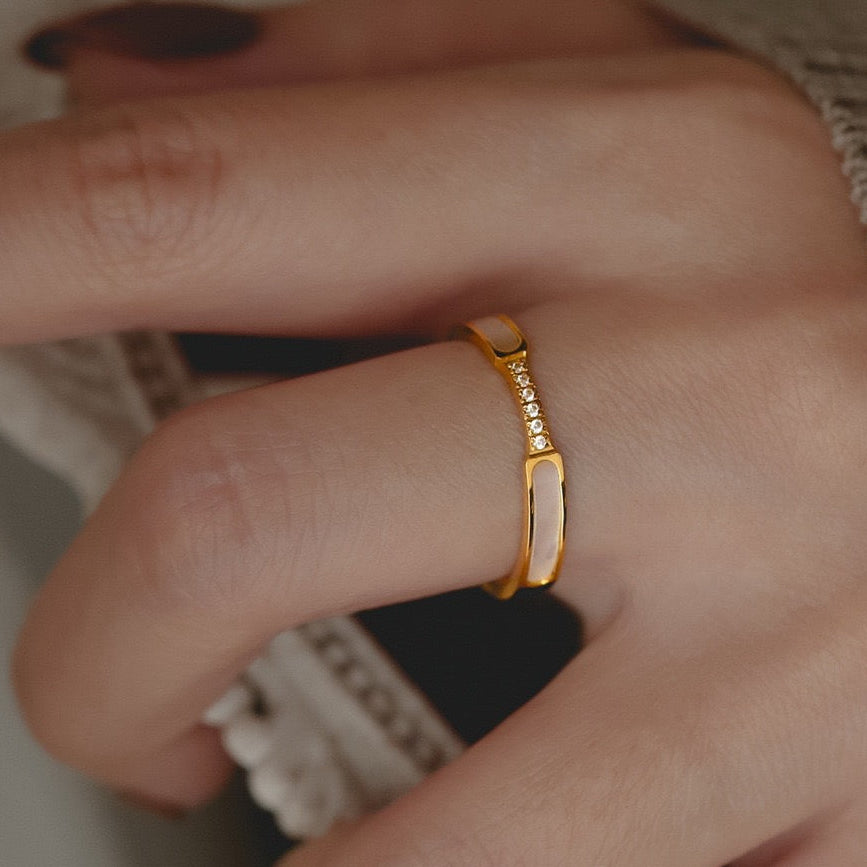 Geometric CZ Ring with White Enamel