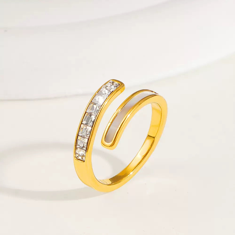 Mother of Pearl CZ Open Ring – Titanium Steel