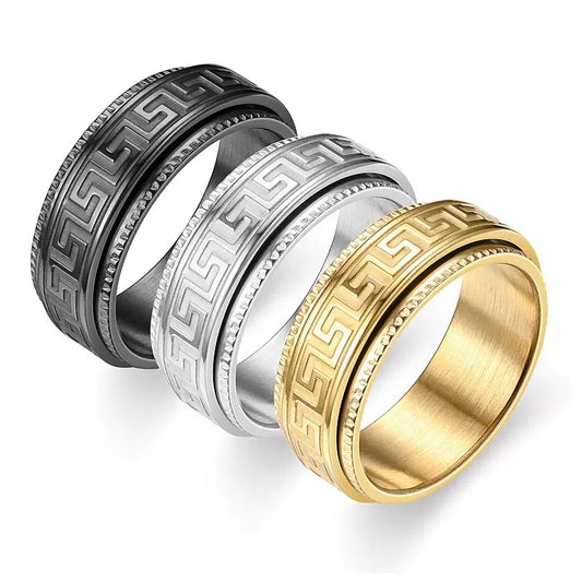 8mm Greek Key Spinner Stainless Steel Ring - Black
