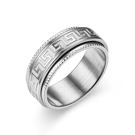 8mm Greek Key Spinner Stainless Steel Ring - Silver