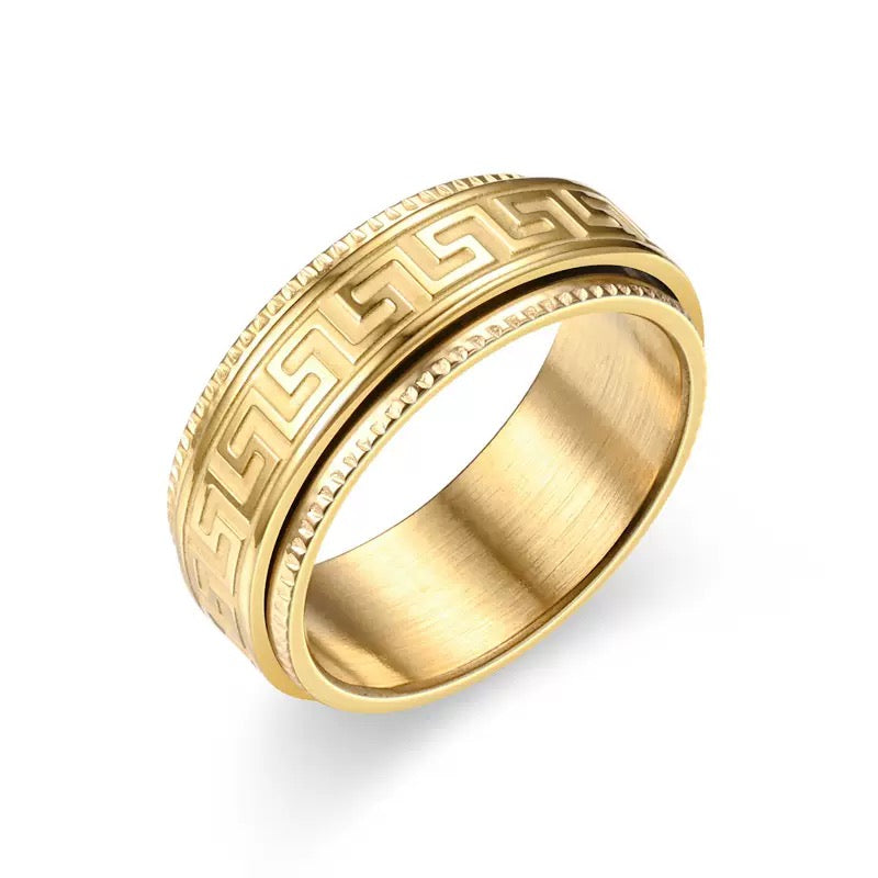 8mm Greek Key Spinner Stainless Steel Ring - Gold