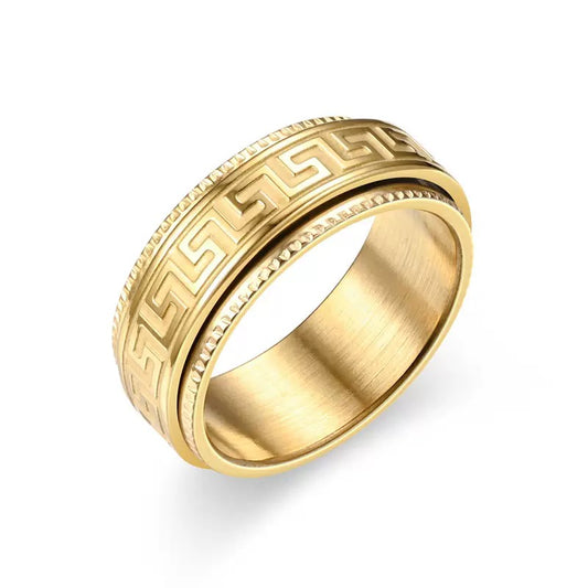 8mm Greek Key Spinner Stainless Steel Ring - Gold