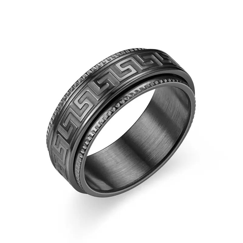 8mm Greek Key Spinner Stainless Steel Ring - Black