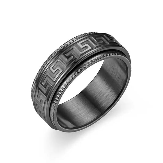 8mm Greek Key Spinner Stainless Steel Ring - Black