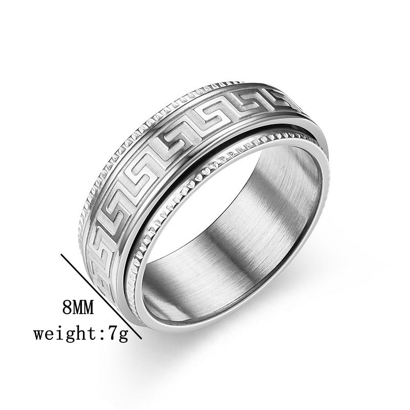 8mm Greek Key Spinner Stainless Steel Ring - Silver