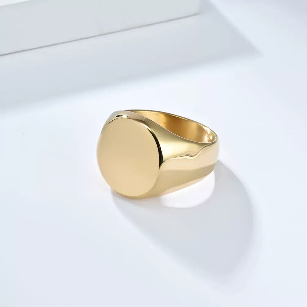 Stainless Steel Round Signet Ring - Gold