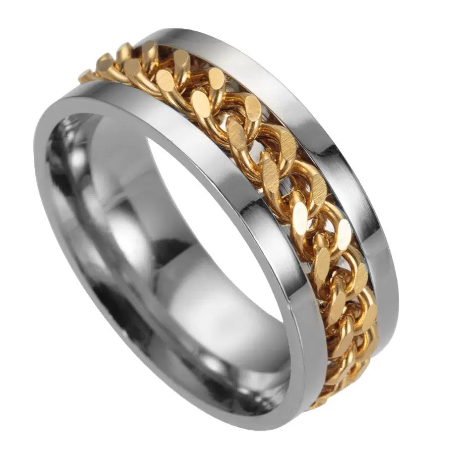 8mm Two Tone Spinner Chain Stainless Steel Ring - Gold