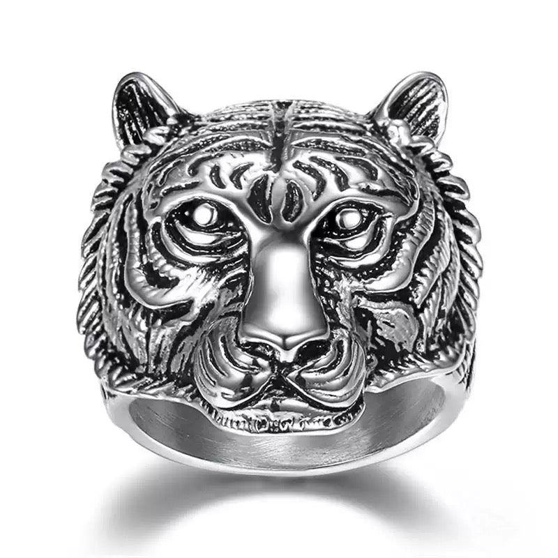 Stainless Steel Tiger Head Ring - Silver
