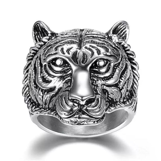 Stainless Steel Tiger Head Ring - Silver