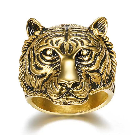 Stainless Steel Tiger Head Ring - Gold