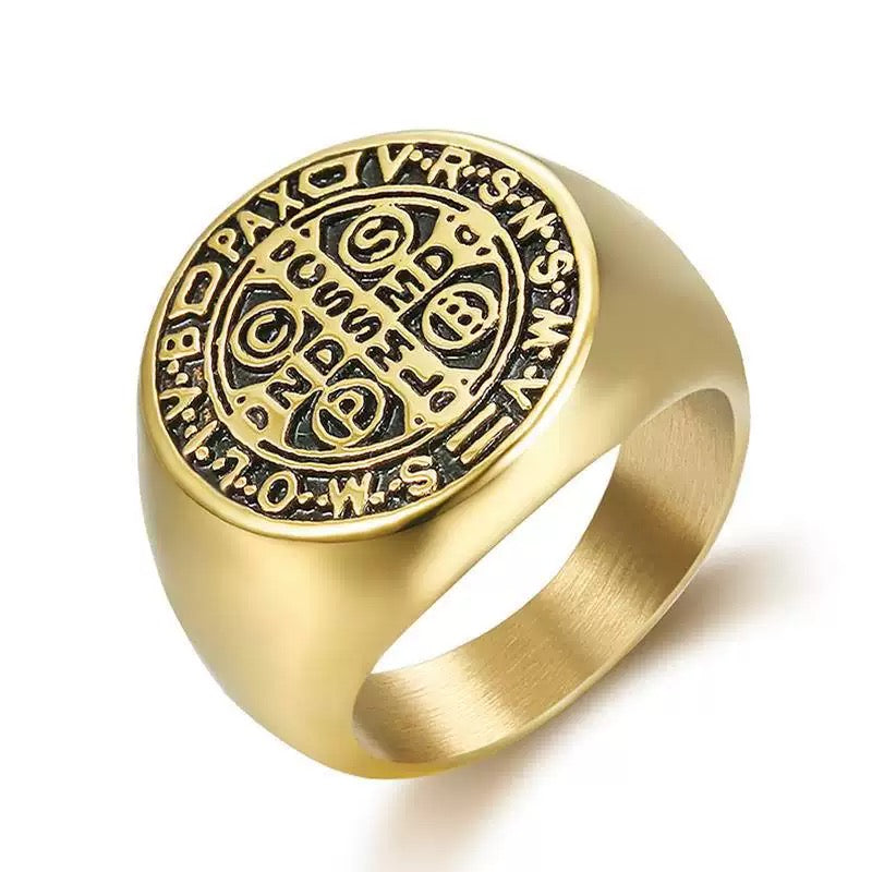 Stainless Steel Saint Benedict Ring - Gold