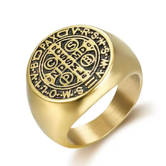 Stainless Steel Saint Benedict Ring - Gold