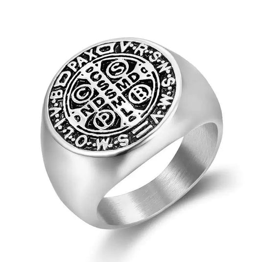 Stainless Steel Saint Benedict Ring - Silver