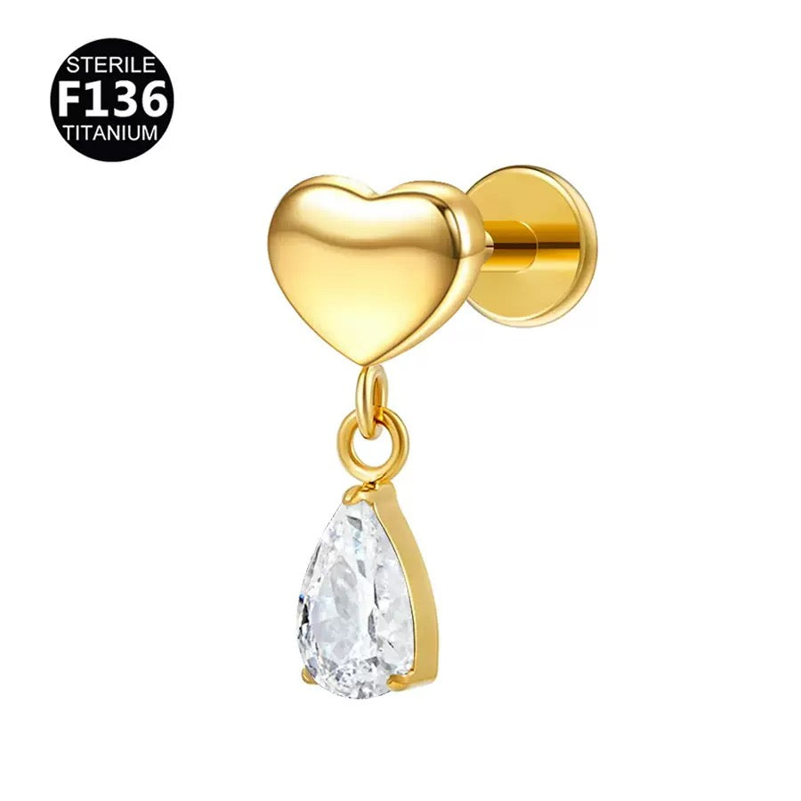 Titanium Heart Drop CZ Flat Back Stud