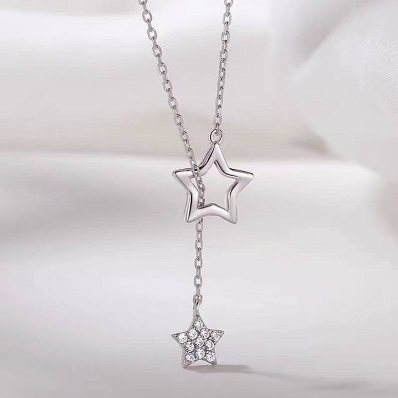 Sterling Silver CZ Double Star Lariat Necklace