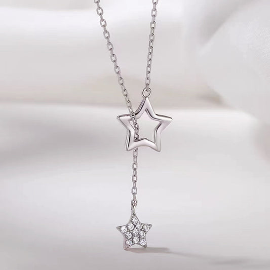 Sterling Silver CZ Double Star Lariat Necklace