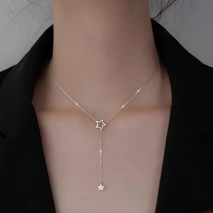 Sterling Silver CZ Double Star Lariat Necklace