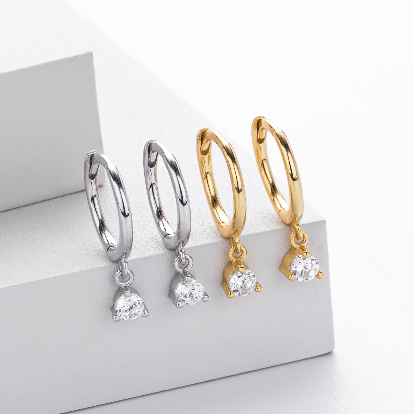 Sterling Silver CZ Solitaire Drop Huggie Hoop Earrings