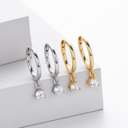 Sterling Silver CZ Solitaire Drop Huggie Hoop Earrings