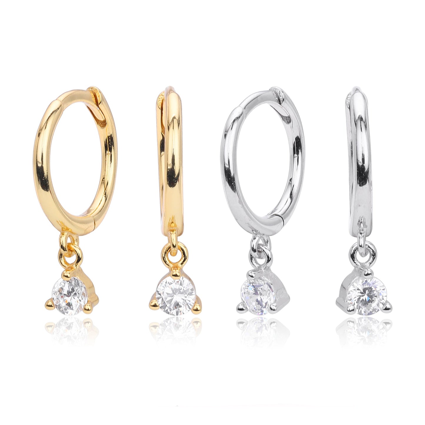 Sterling Silver CZ Solitaire Drop Huggie Hoop Earrings