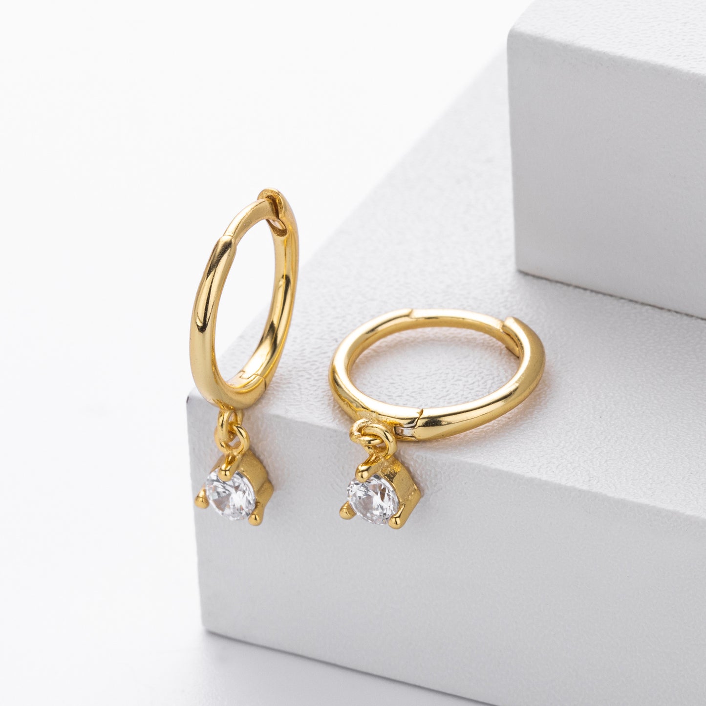 Sterling Silver CZ Solitaire Drop Huggie Hoop Earrings