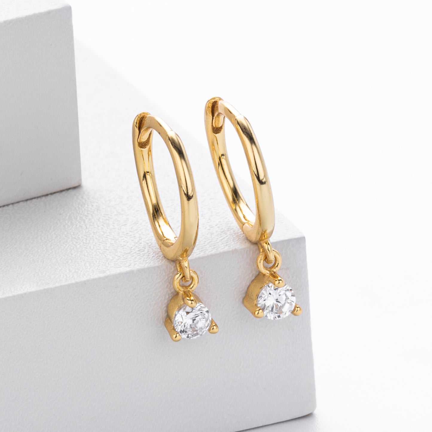 Sterling Silver CZ Solitaire Drop Huggie Hoop Earrings