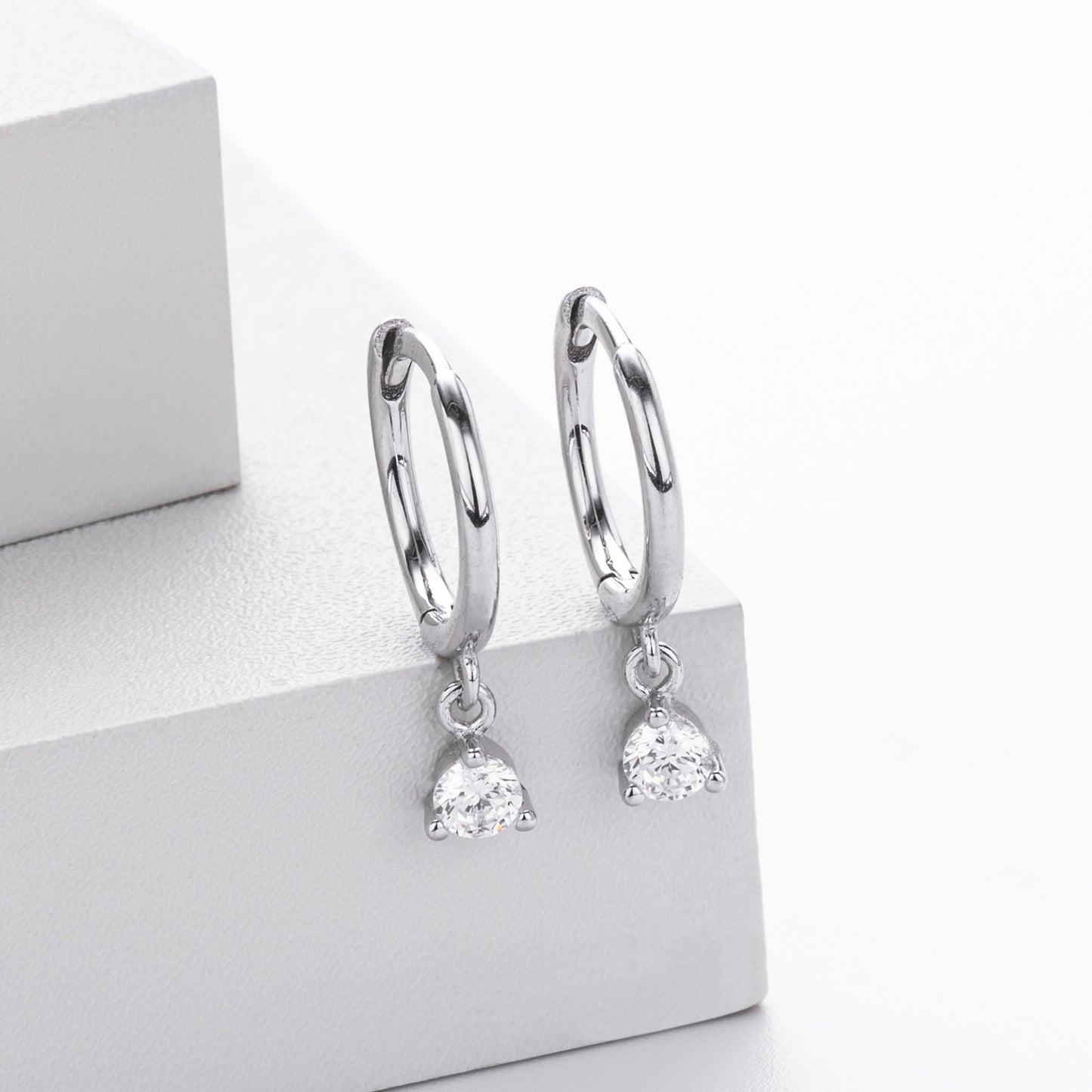 Sterling Silver CZ Solitaire Drop Huggie Hoop Earrings