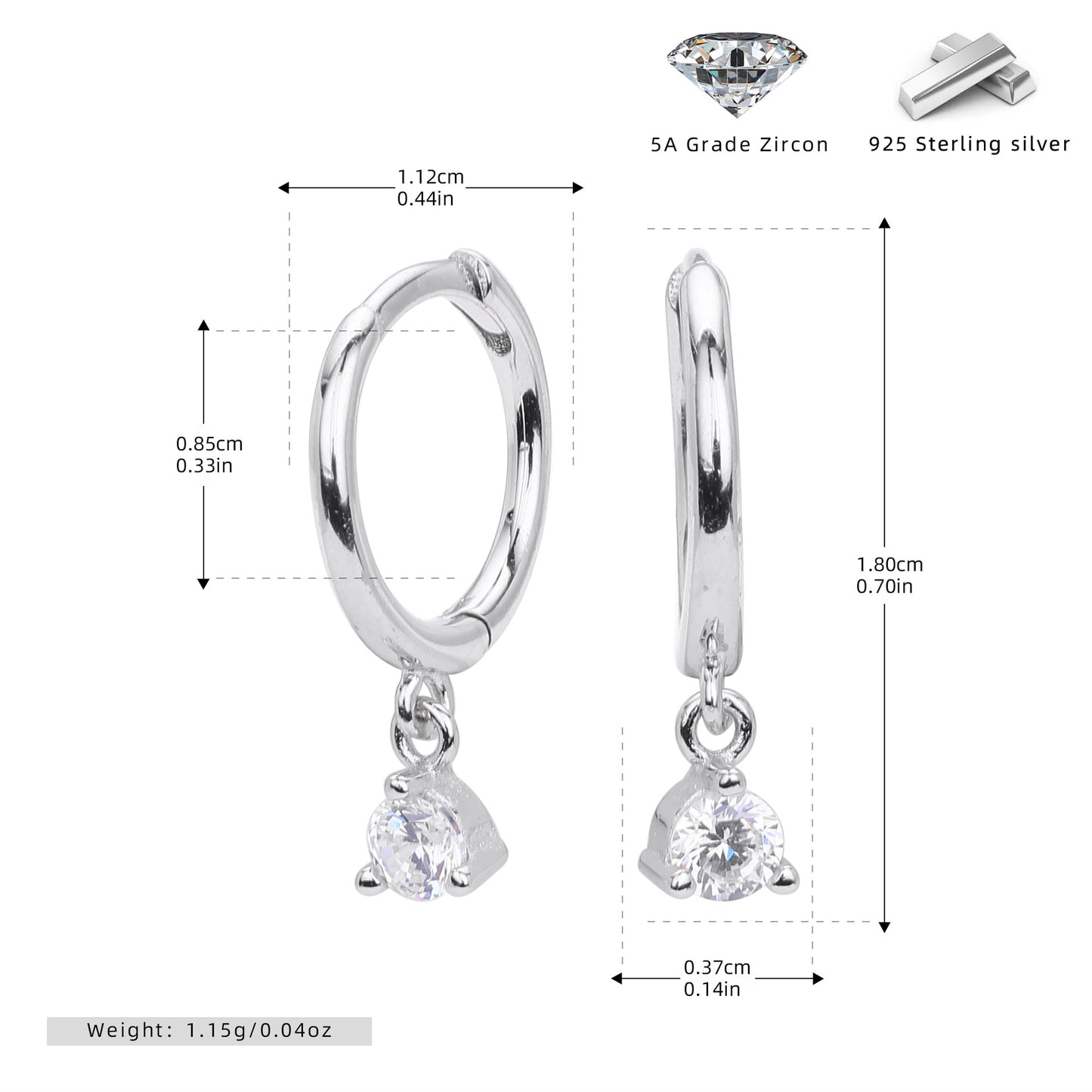 Sterling Silver CZ Solitaire Drop Huggie Hoop Earrings