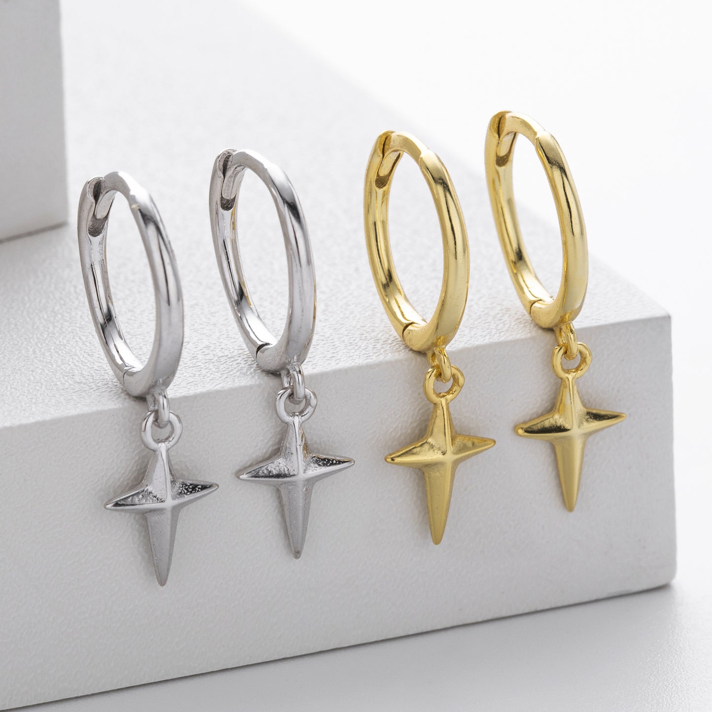 Sterling Silver North Star Huggie Hoop Earrings