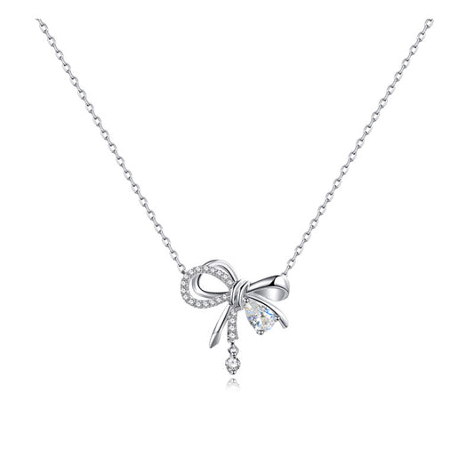 Sterling Silver CZ Bow & Teardrop Pendant Necklace