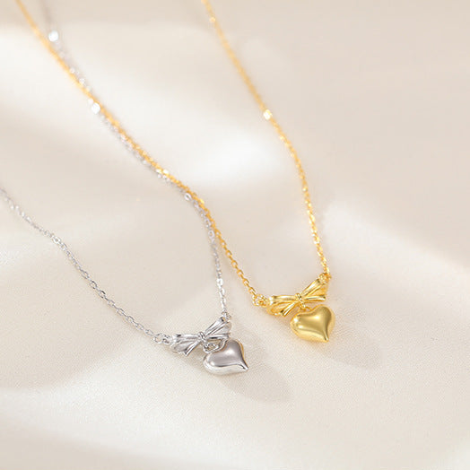 Sterling Silver Bow & Puffy Heart Pendant Necklace