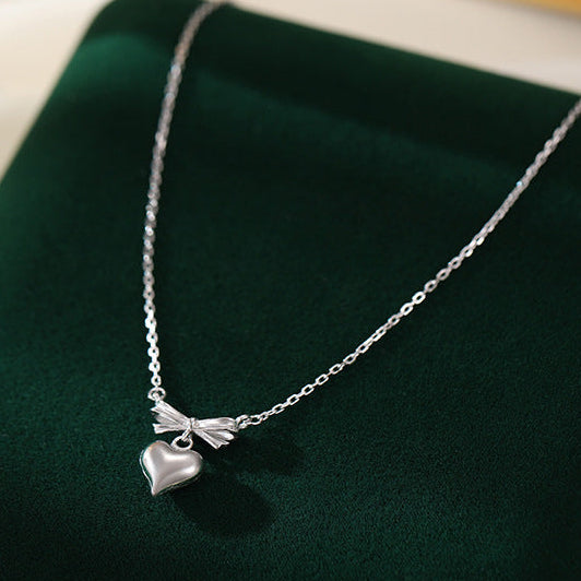 Sterling Silver Bow & Puffy Heart Pendant Necklace
