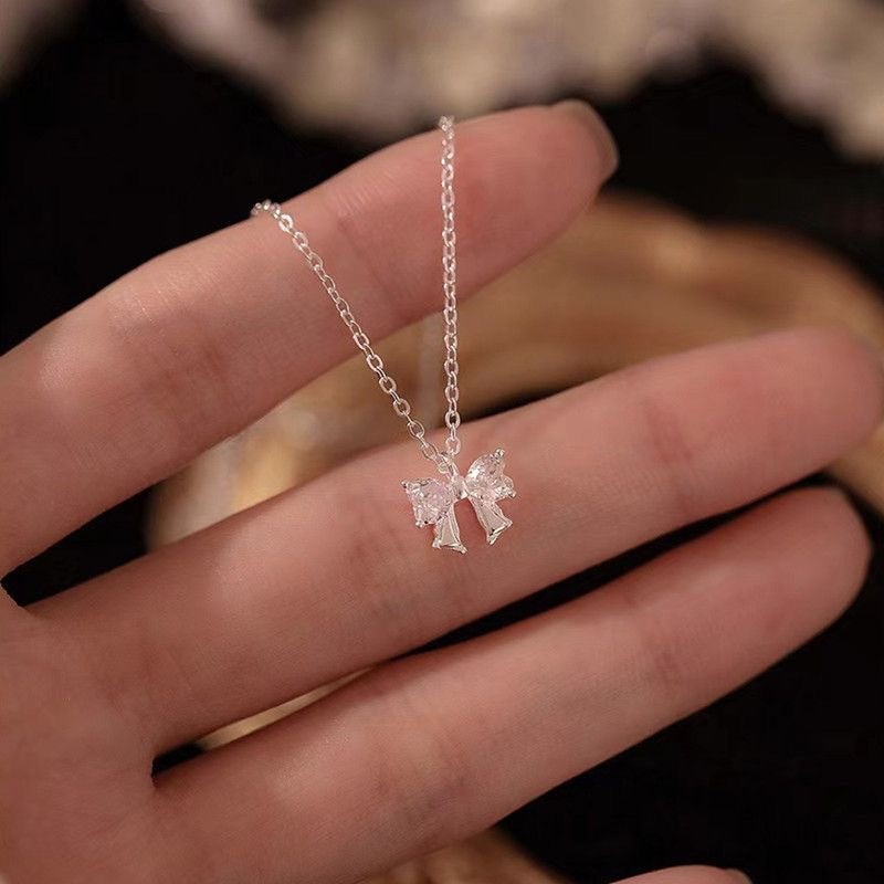 Heart-Shaped CZ Bowknot Sterling Silver Necklace
