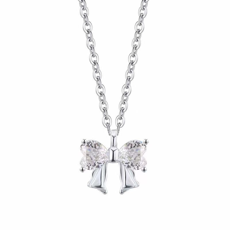 Heart-Shaped CZ Bowknot Sterling Silver Necklace