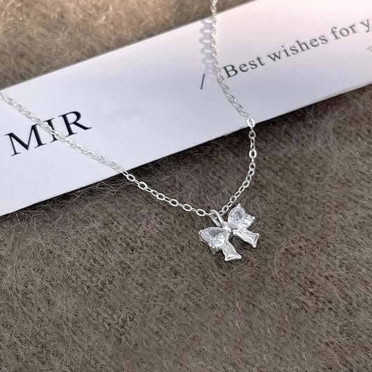 Heart-Shaped CZ Bowknot Sterling Silver Necklace