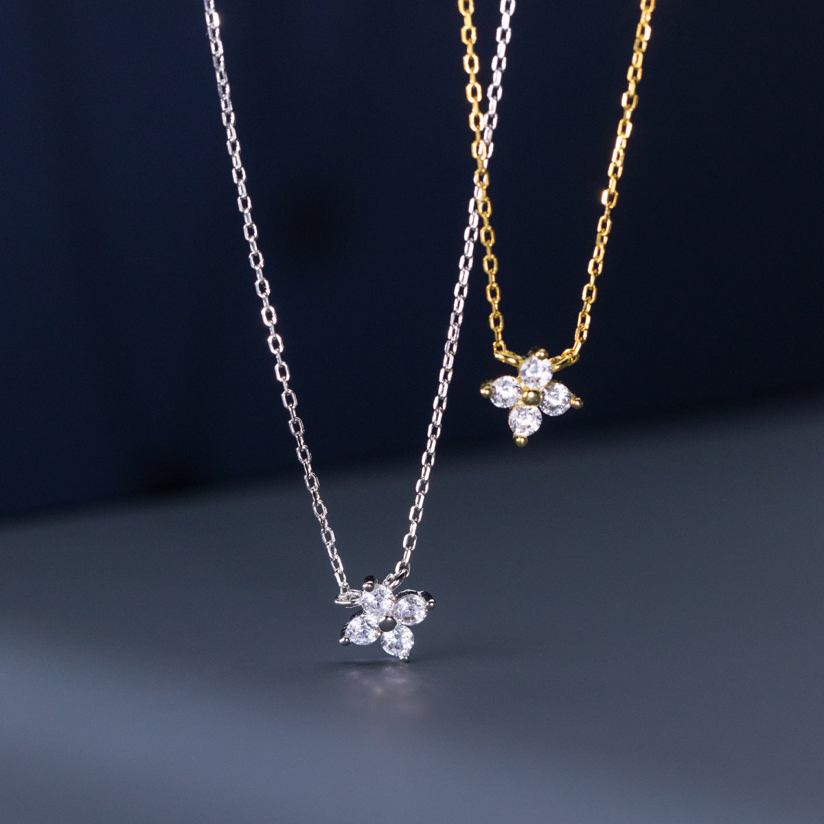 CZ Four Petal Flower Sterling Silver Necklace