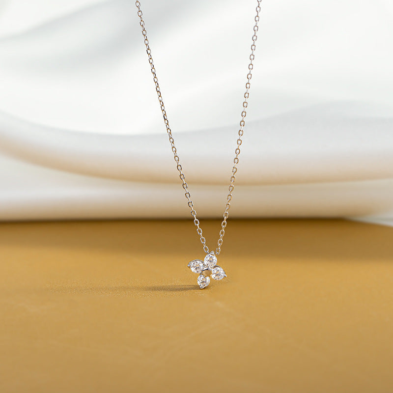 CZ Four Petal Flower Sterling Silver Necklace