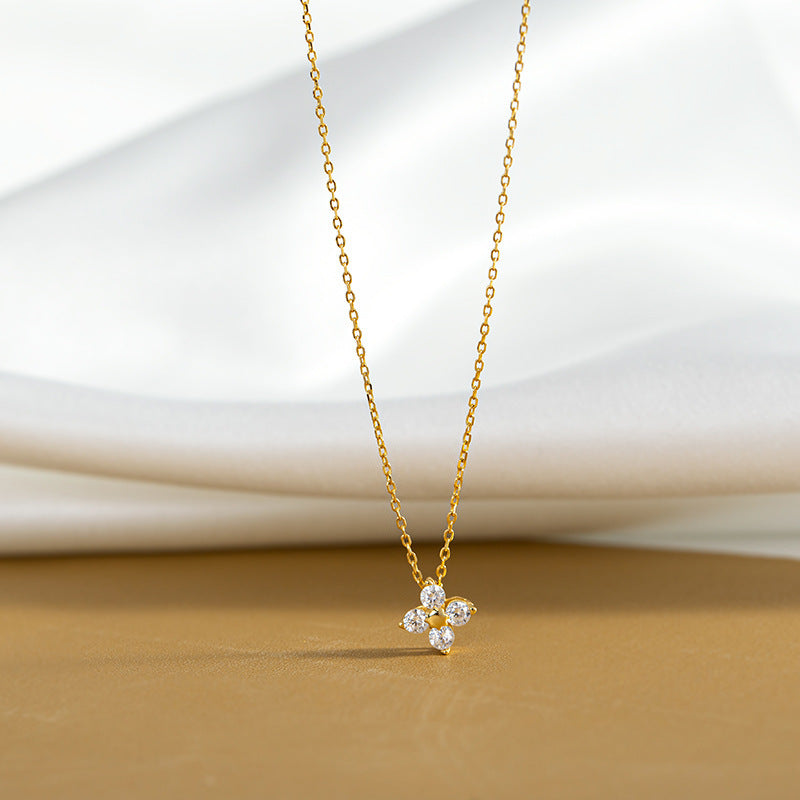 CZ Four Petal Flower Sterling Silver Necklace
